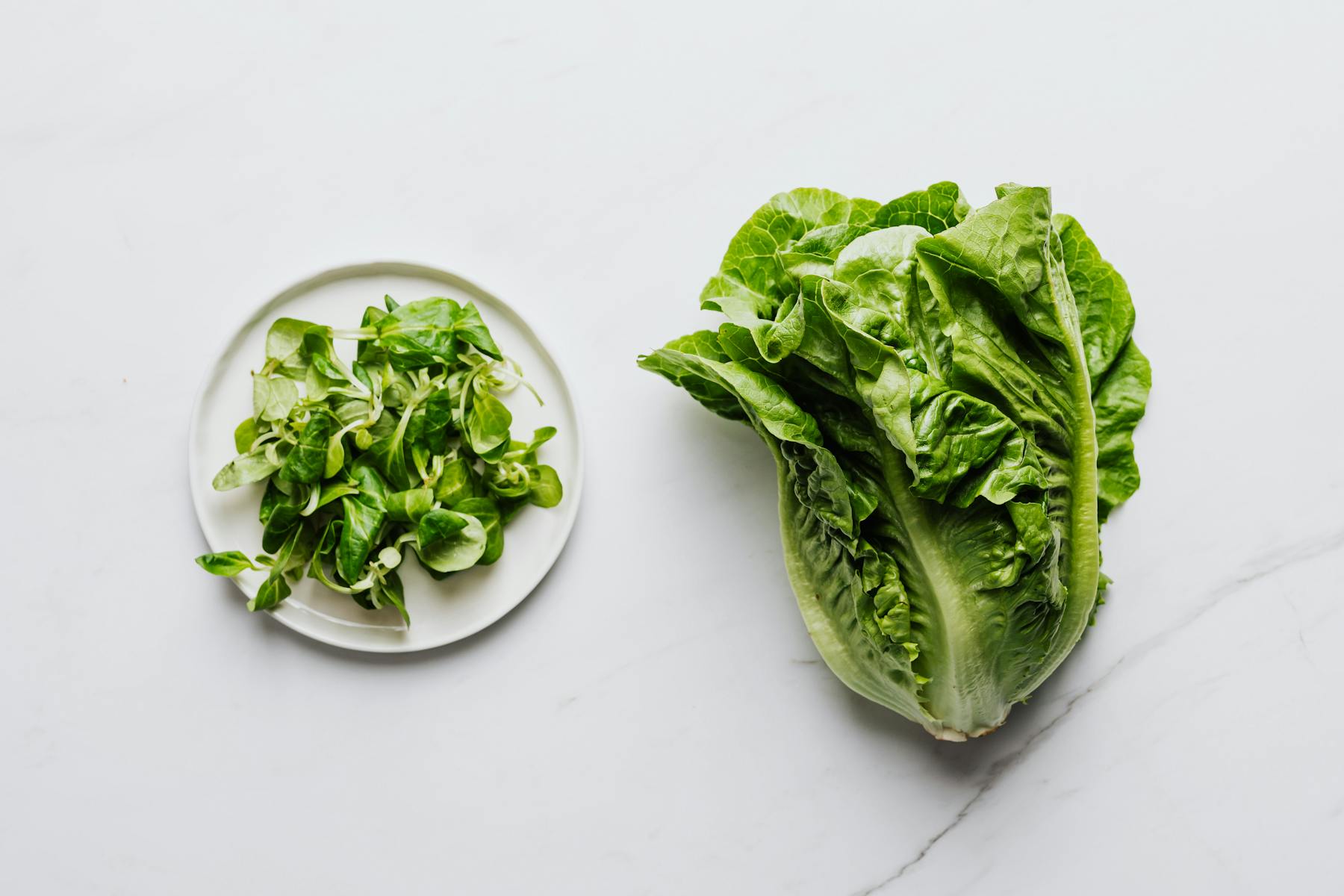 Flat lay of romaine lettuce and mixed leafy greens, natural folate sources